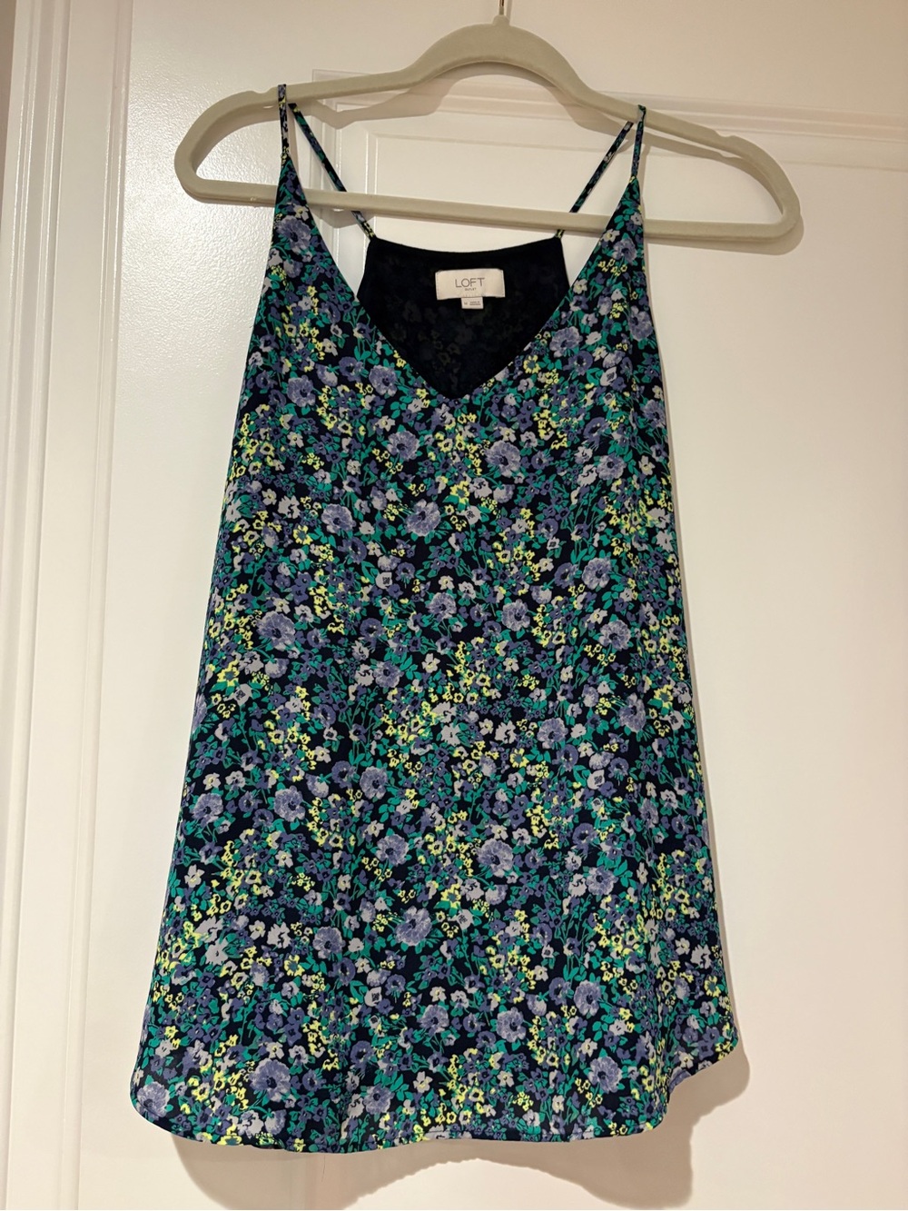 LOFT Navy Floral V-Neck Camisole with Green & Purple Accents